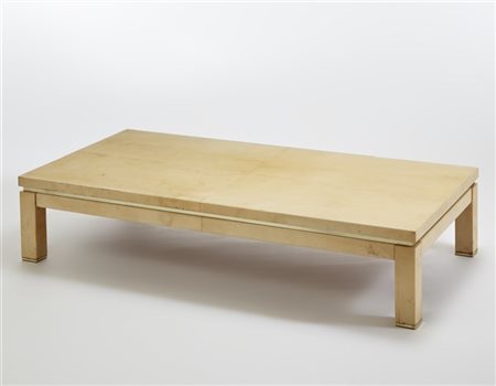 Tavolino da salotto con gambe e piano in legno rivestiti in pergamena bianca tr
