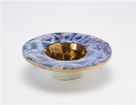 Eduard Cazaux Coppa circolare in ceramica smaltata in oro e viola, decorata con
