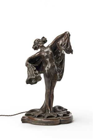 Lampada da tavolo in bronzo raffigurante una danzatrice, ispirata a Loie Fuller