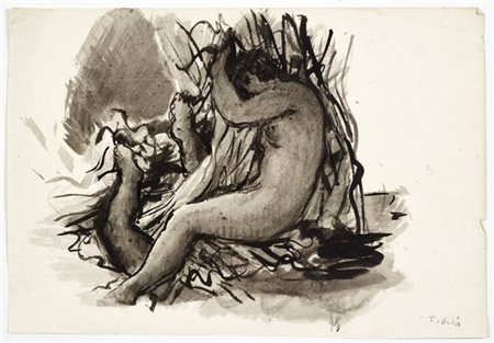 Tomaso Buzzi Disegno di nudo femminile seduto, ritratto di profilo. Italia, s.d.