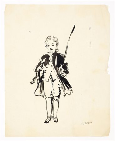 Tomaso Buzzi Disegno raffigurante giovane violinista in abiti settecenteschi. Il