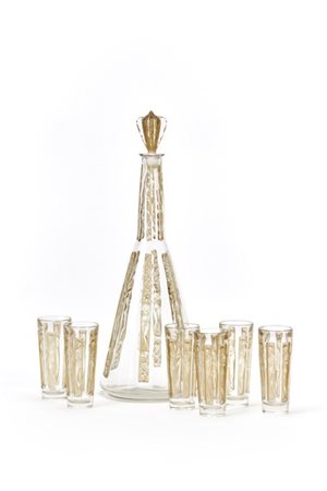 René Lalique Lotto composto da una bottiglia con tappo e sei bicchieri modello "