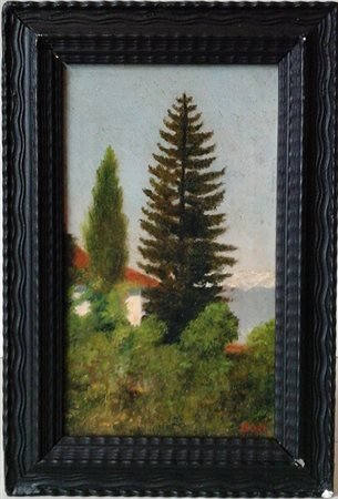 Paesaggio con alberi - Olio su cartoncino cm.24x14 - firmato in basso a...