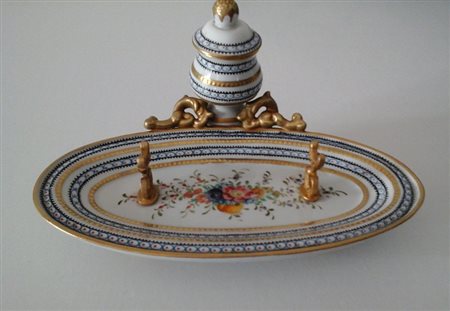 Calamaio Limoges in porcellana decorata e dorata - portapenna in metallo...