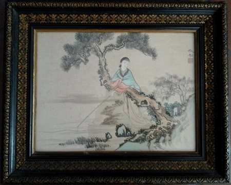 Fanciulla che pesca - Acquerello e inchiostri su seta cm.29x39 - Cina XIX...