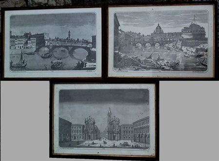 Tre riproduzioni di stampe di città Firenze - Roma - Torino cm.27x39