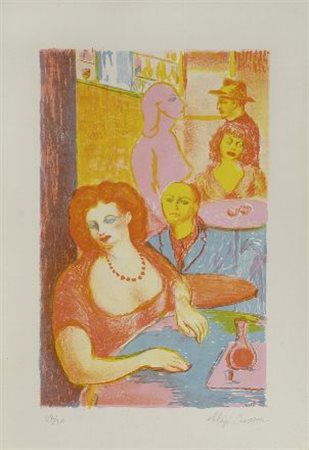 Aligi Sassu (Milano, 1912 - 2000) Donne al caffè Litografia, mm. 395x248...