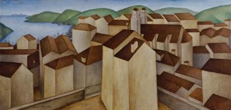 Ubaldo Oppi (Bologna, 1889 - Vicenza, 1942) Paese col porto, 1914 Olio su...