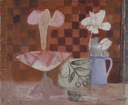 Bruno Saetti (Bologna, 1902 - 1984) La fruttiera rosa, 1973 Affresco su tela,...