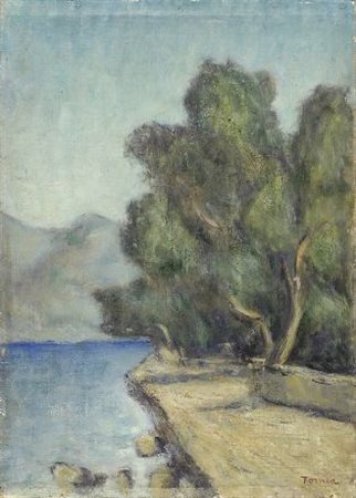 Fiorenzo Tomea (Zoppé di Cadore, 1910 - Milano, 1960) Lago di Iseo Olio su...