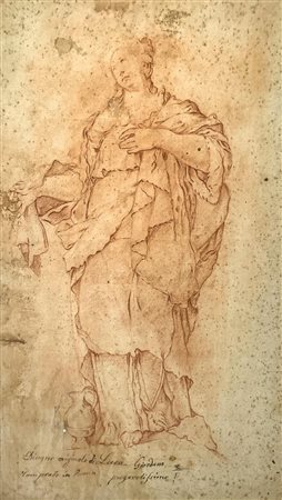 Disegno a sangigna raffigurante donna con mantello, Luca Giordano (Napoli...