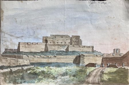 Disegno Acquarello su carta raffigurante la fortezza di Agosta, Roma. Datato...