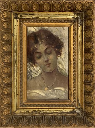 Dipinto ad olio su tavola raffigurante viso di giovane donna con collana,...