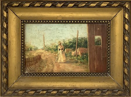 Dipinto ad olio su tavola raffigurante strada di campagna con dama. XIX , XX...