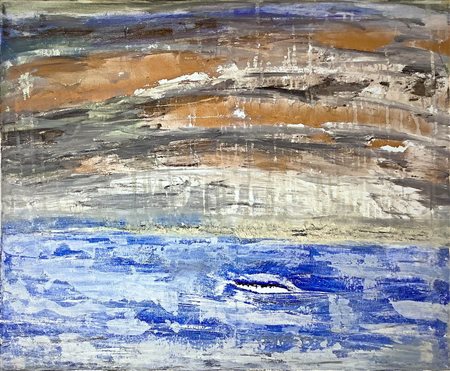 Dipinto a tecnica mista su tela raffigurante pioggia a mare a Pantelleria. Cm...