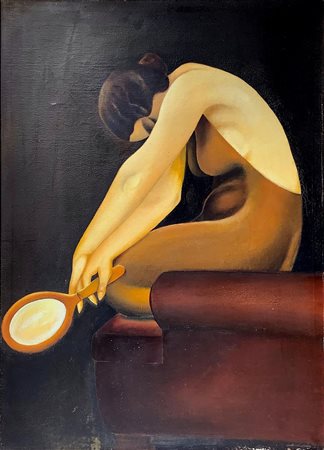 Dipinto ad olio su tela raffigurante donna con specchio, Russia. XX secolo.Cm...
