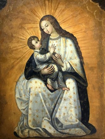 Dipinto ad olio su tela raffigurante Madonna con Bambino Gesù, XIX secolo. Cm...