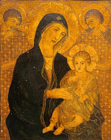 Dipinto a tempera su terracotta raffigurante Madonna con Gesù Bambino e...