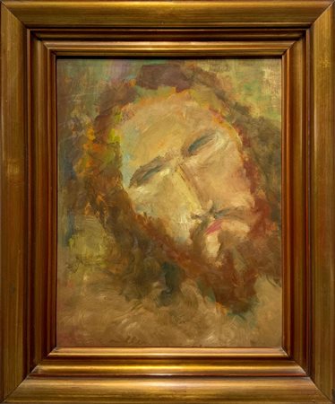 Dipinto ad olio su masonite raffigurante volto di Cristo. Cm 42x33. Firmato...