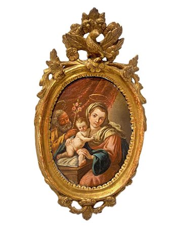 Dipinto ad olio su tela ovale raffigurante Sacra Famiglia, attribuibile a...