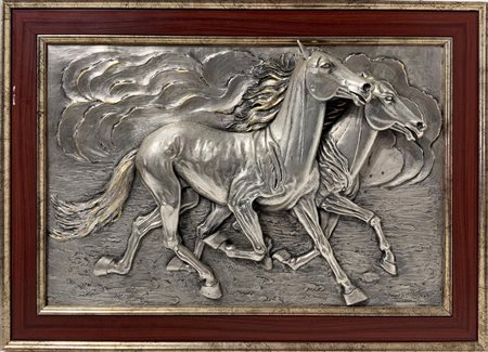 Lastra in argento raffigurante coppia di cavalli in corsa, Mina Bernardo, XX...