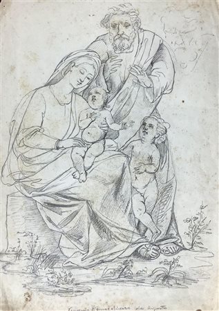 Disegno a matita su carta raffigurante Sacra Famiglia con Bambino, con...