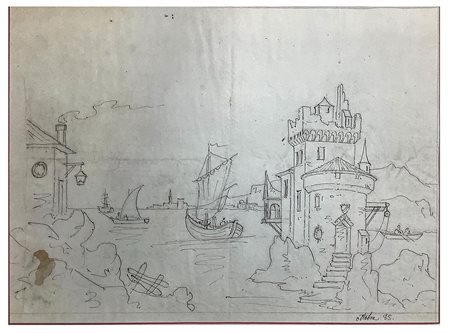 Disegno raffigurante marina con castello (S.Giovanni Licuti, Ognina, Catania,...
