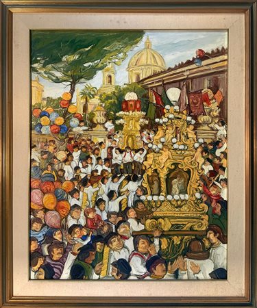 Dipinto ad olio su tela raffigurante Candelore della Festa di Sant’Agata,...