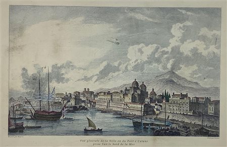 Stampa di Catania con Etna vista dal dal porto, disegnatore Louis Jean...