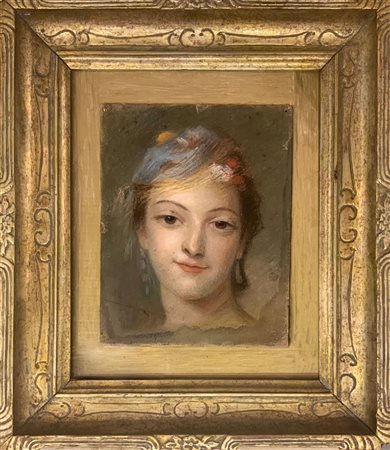 Dipinto ad olio su tela raffigurante donna con cappello e fiori, XIX Secolo....