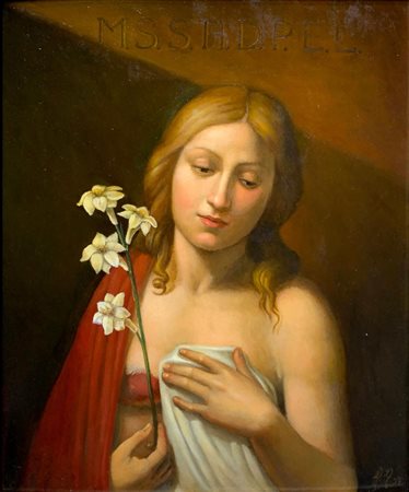 Dipinto ad olio su tavola raffigurante Sant’Agata con narciso. Cm 33x26....