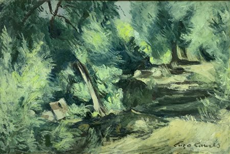 Dipinto ad olio su tela raffigurante composizione con alberi, Enzo Comes, XX...