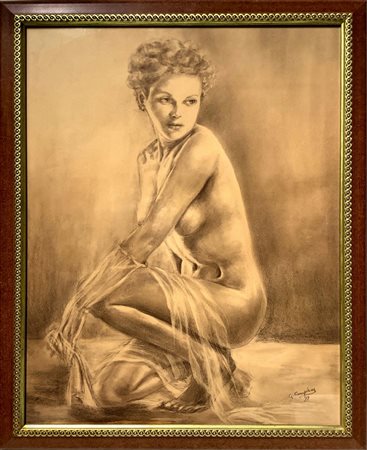 Disegno a seppia raffigurante nudo di donna accovacciata con velo, Firmato G....