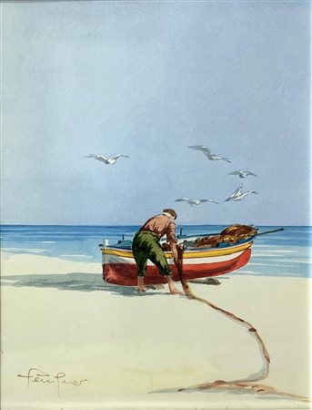 Gouache su cartoncino raffigurante pescatore con barca in riva al mare,...