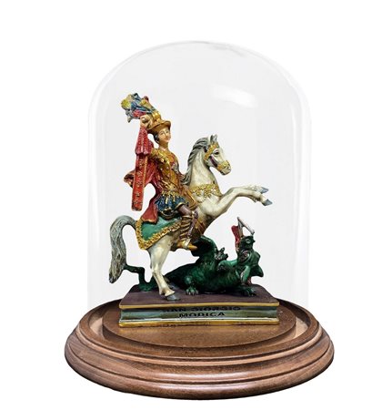 Statuina di San Giorgio a cavallo in teca di vetro, XX secolo. H cm 28x17