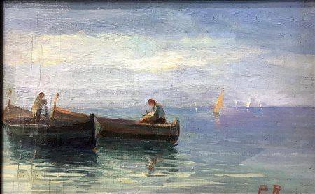 Olio su tela applicata a tavola raffigurante marina con barche, XX secolo. Cm...