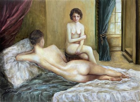 Olio su tela raffigurante coppia di donne nude. Firmato G. Campione. Cm 50,5...