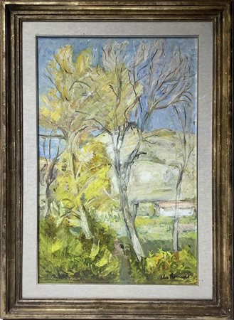 Dipinto ad olio su tela raffigurante paesaggio di Morra con alberi, Elio...
