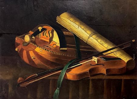 Dipinto ad olio su tavola raffigurante natura morta con strumenti musicali a...