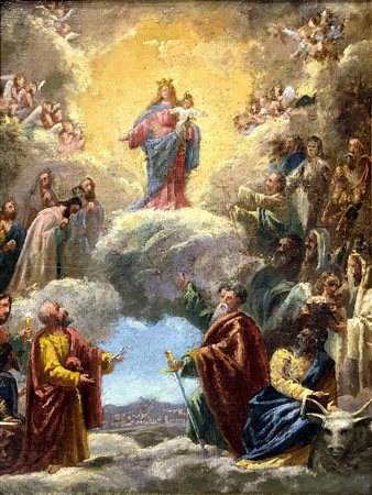 Dipinto ad olio su tela raffigurante celebrazione della Madonna in Cielo tra...