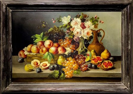 Dipinto ad olio su tela raffigurante natura morta di frutta e fiori, XX...