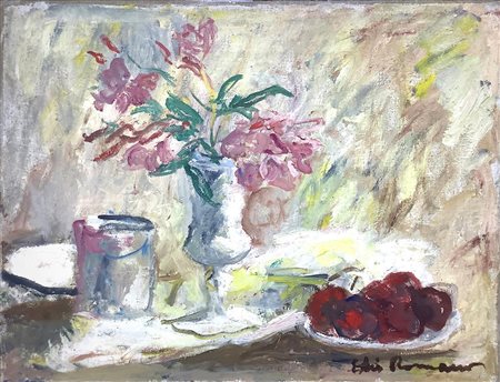 Dipinto ad olio su tela raffigurante natura morta di fiori e frutta, Elio...