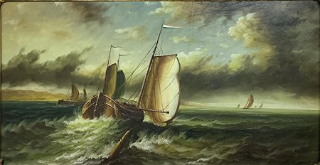 Olio su tavola raffigurante velieri in mare, inizi XX secolo. Cm 20x40....
