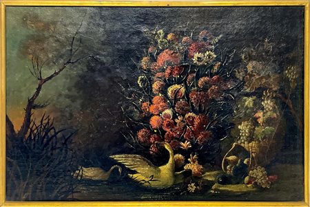 Dipinto ad olio su tela raffigurante fiori e cigno, XIX secolo. Cm 35x52
