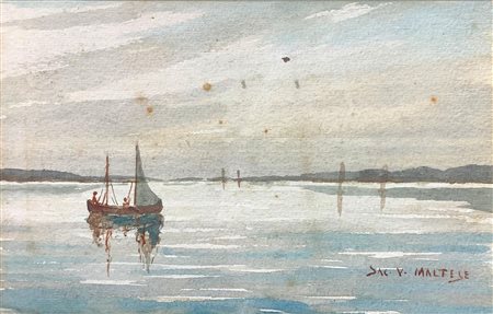 Acquarello raffigurante marina con barche, XX secolo. Cm 10x15, in cornice cm...