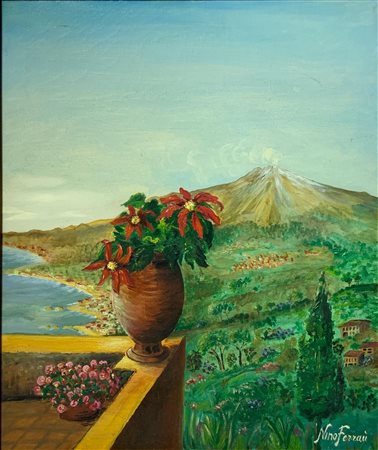 Dipinto ad olio su tela raffigurante veduta dell’Etna dal terrazzo. Cm 59x49....