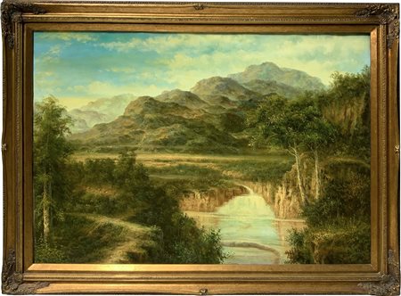 Dipinto ad olio su tela raffigurante paesaggio con lago e cascata, XX...