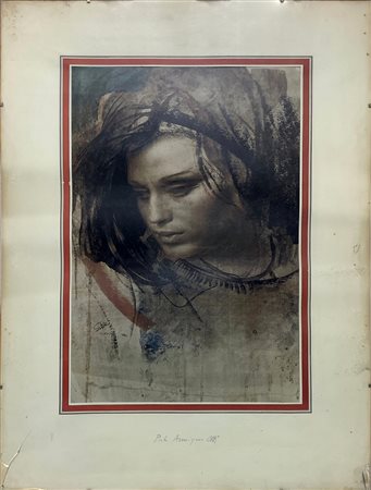 Litografia raffigurante viso di donna, Pietr Annigoni. Cm 51x34. Firmata...