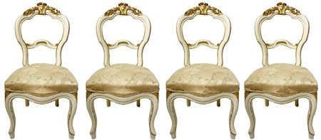 N. 4 sedie nei toni del beije e dorato a foglia, Luigi Filippo, XIX secolo,...