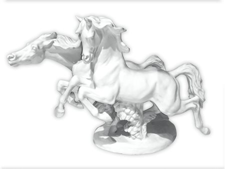 Scultura in porcellana raffigurante cavalli bianchi in corsa. Zaccagnini, XX...